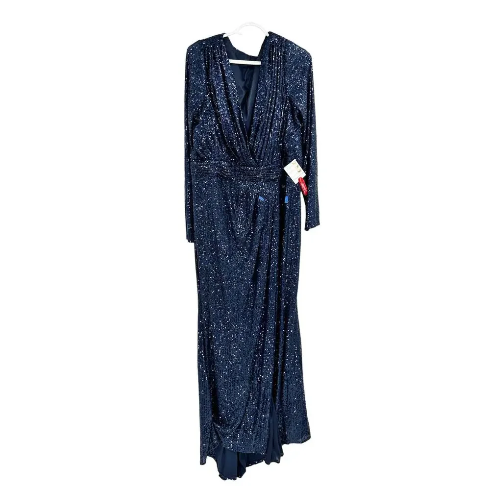 Mac Duggal‎ 26490 Midnight Blue Sequined Long Sleeve V-Neck Cocktail Gown